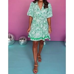 Umgee Green White Paisley Puff Sleeve Babydoll Mini Dress Ric-Rac Trim Size S